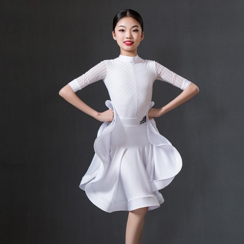Girls White Latin dance dresses standard competition ballroom dance dresses girl latin performance clothes  middle sleeves two peices children latin skirts